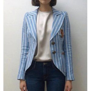 Symthe Linen Equestrian Nautical Coastal Pinstriped Leather Blazer Jacket Coat 2